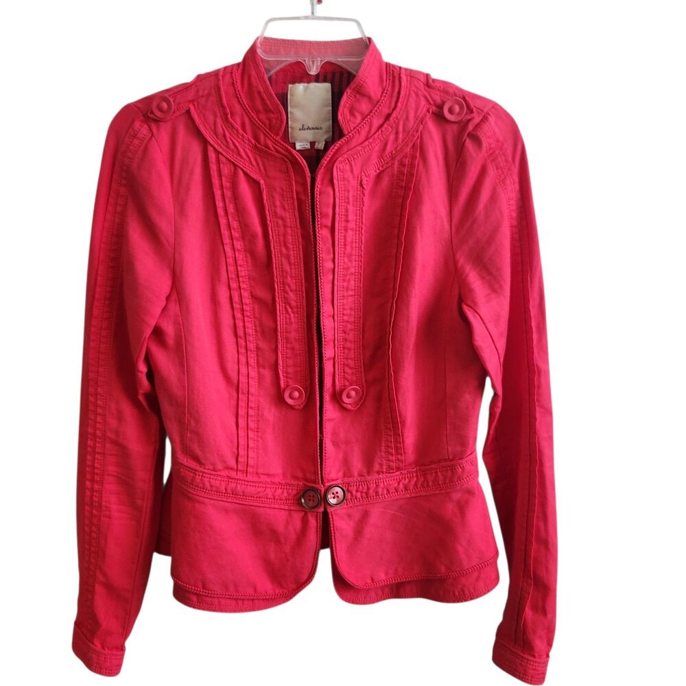 Elevenses Anthro 6 Retro Pink Linen Whimsigoth Peplum Military SteamPunk Jacket